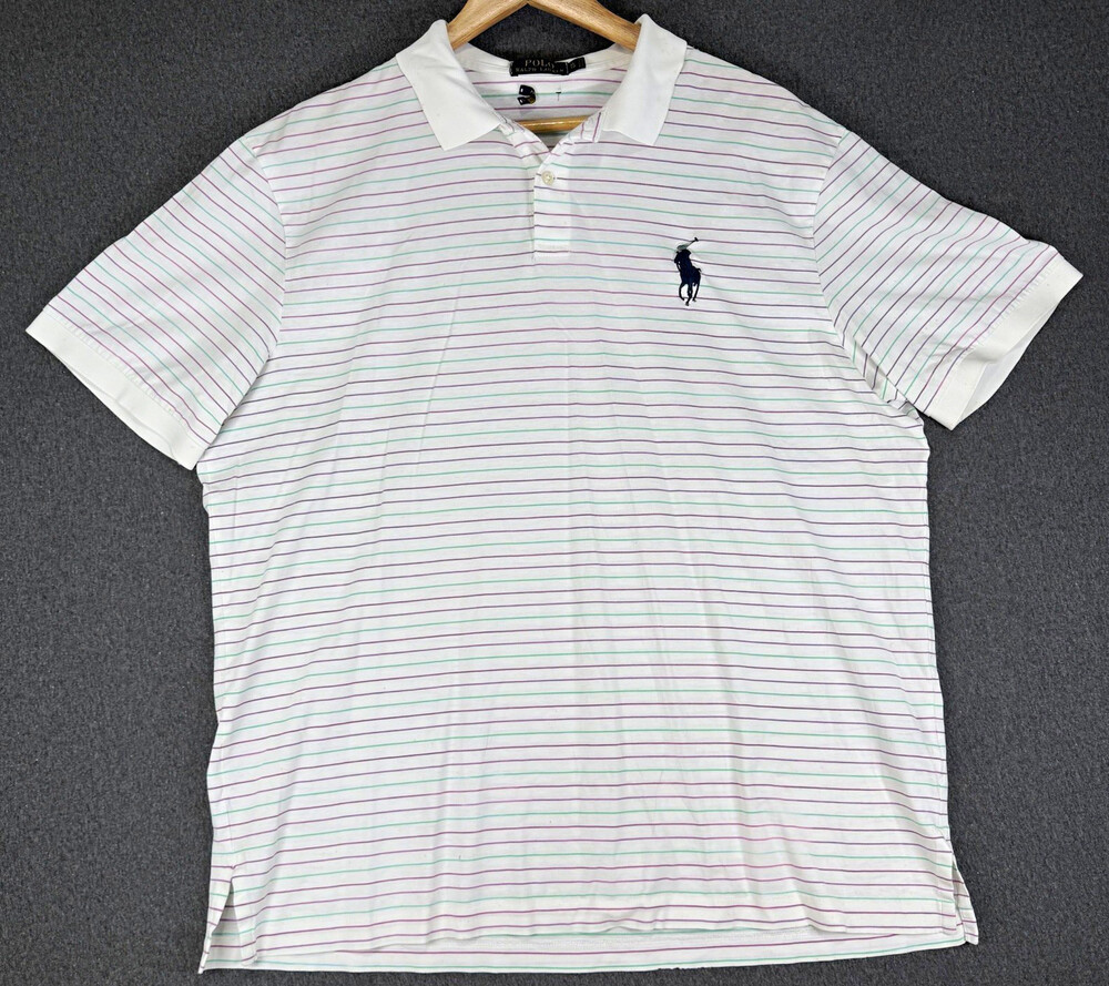 Polo Ralph Lauren Mens XL White Pastel Striped Big Pony Polo Shirt READ